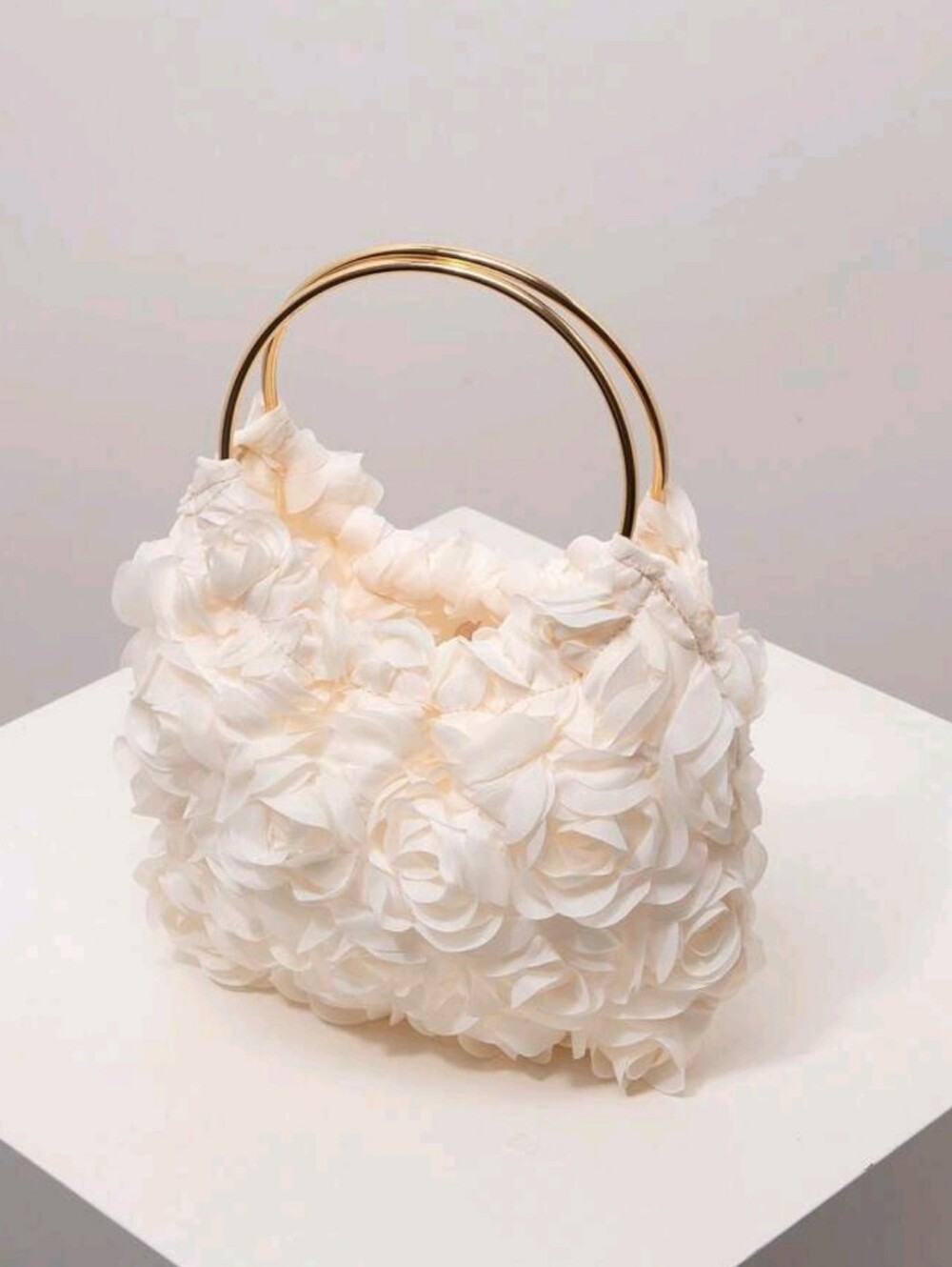 Elegant Cream Floral Rosette Handbag with Gold Handles